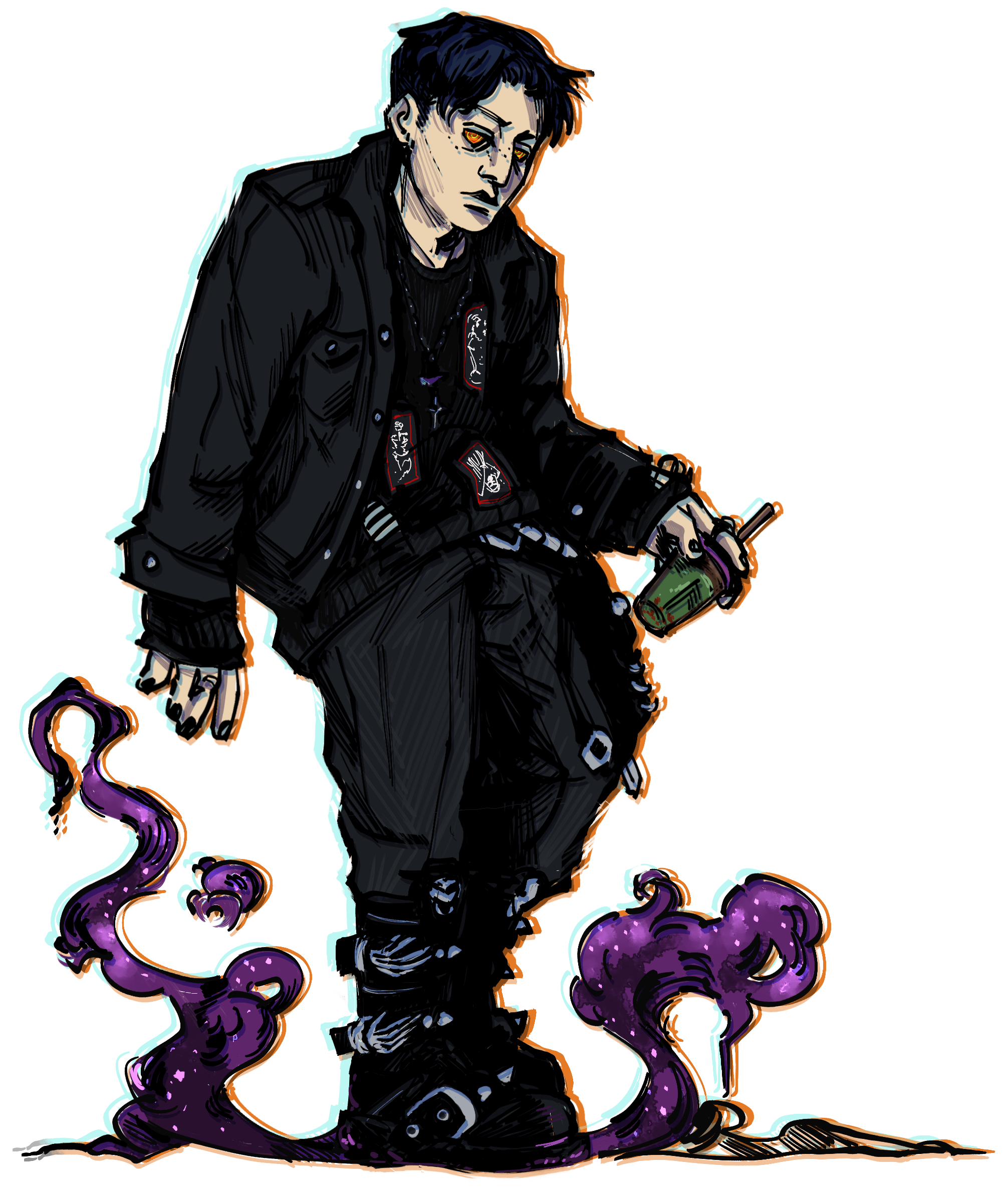 A pale person with orange eyes and short blue-black hair dressed in casual gothic clothing. They are holding a matcha latte. Purple void goop surrounds their feet.