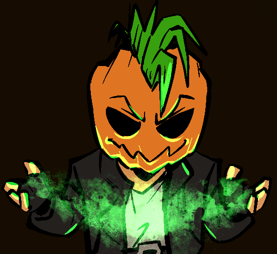Punk guy with a pumpkin head, green mohawk, and green magical energy linked between his hands.